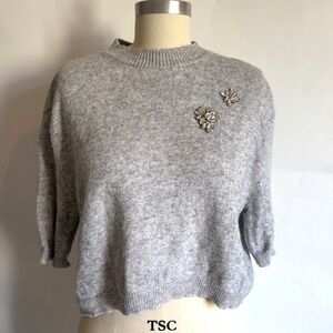 VICOLO Cashmere Blend Short Sleeve Embellished Italian Knit Sweater Top-Gray-S/M